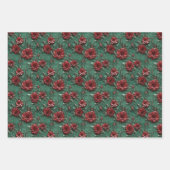 Feuille De Papier Cadeau Floral de Roses rouges vertes (Devant)