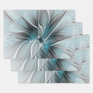 Feuille De Papier Cadeau Floral Fractal Moderne Fleur Abstrait gris bleu