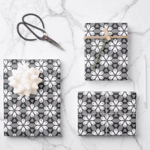 Feuille De Papier Cadeau Floral gris, noir et blanc