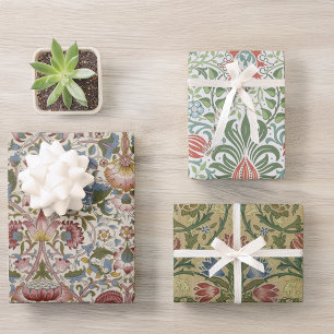 Feuille De Papier Cadeau Floral Morris Motif Fleurs rouges et bleues Vintag