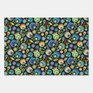 Feuille De Papier Cadeau Floral polonais Wycinanki sur noir