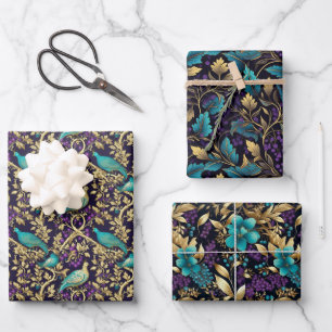 Feuille De Papier Cadeau Floral pourpre damassé