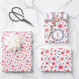 Feuille De Papier Cadeau Floral rose et bleu monogramme