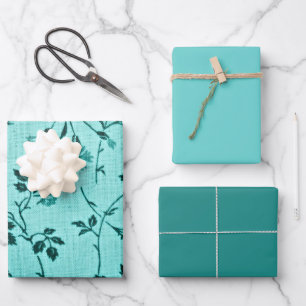 Feuille De Papier Cadeau Floral turquoise, moyen, lumineux