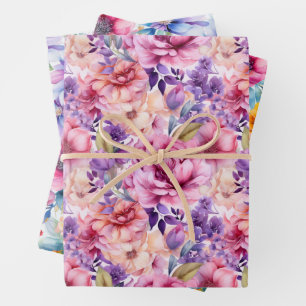 FEUILLE DE PAPIER CADEAU FLORAUX DE PRINTEMPS ROSE ET PURPLE
