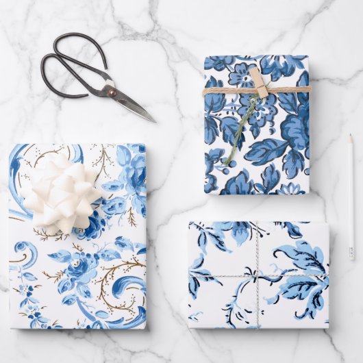 Feuille De Papier Cadeau Flore bleue et blanche classique (Recto)