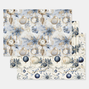 Feuille De Papier Cadeau Flore de Noël d'inspiration Vintage bleue