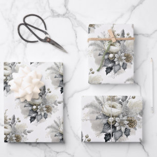 Feuille De Papier Cadeau Flore de Noël Silver & Gold