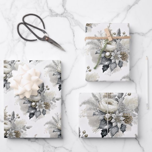 Feuille De Papier Cadeau Flore de Noël Silver & Gold (Recto)