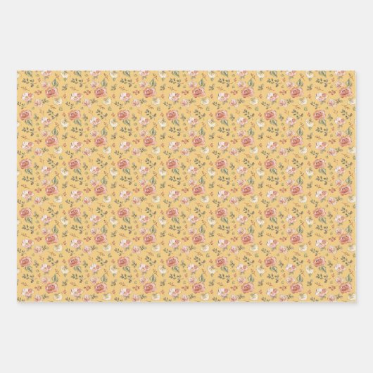 Feuille De Papier Cadeau Flore multiple sur jaune (Devant)