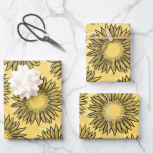 Feuille De Papier Cadeau Flore Rustique Tournesol Main tiré