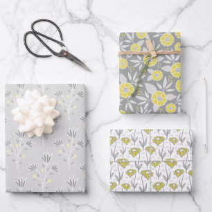 Feuille De Papier Cadeau Flore tendance gris et jaune