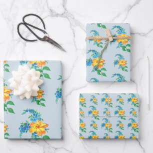 Feuille De Papier Cadeau Flore Vintage de fleurs orangées Bleu plat