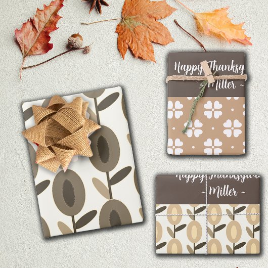 Feuille De Papier Cadeau Flores Brown géométriques Nom personnalisé