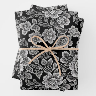 Feuille De Papier Cadeau Flores de dentelle blanche sur noir