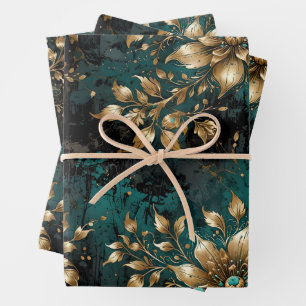 Feuille De Papier Cadeau Flores turquoises et Gold Grunge