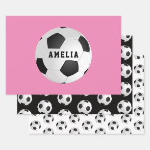 Feuille De Papier Cadeau Football Balls Enfants Nom rose Anniversaire