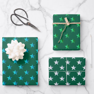 Feuille De Papier Cadeau Forest Green Silver Turquoise Blue Stars