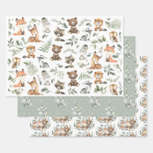 Feuille De Papier Cadeau Forêt boisée mignonne Animaux Sage Végétation
