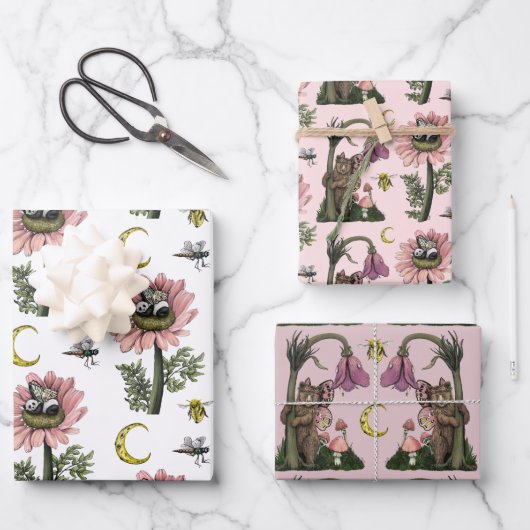 Feuille De Papier Cadeau Forêt de champignons de laine rose mignonne (Recto)