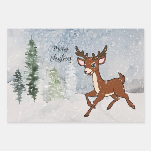 Feuille De Papier Cadeau Forêt de neige avec un cerf (Devant)