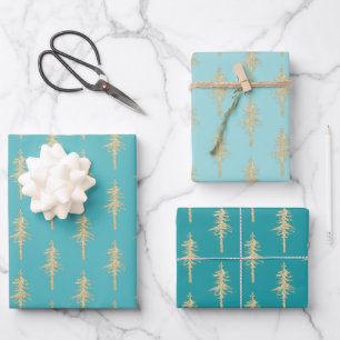 Feuille De Papier Cadeau Forêt de pins d'or Turquoise Turquoise bleu