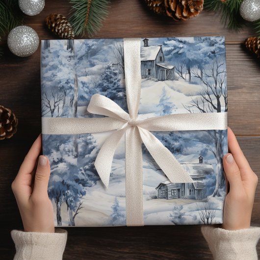 Feuille De Papier Cadeau Forêt d'hiver et Noël de la grange