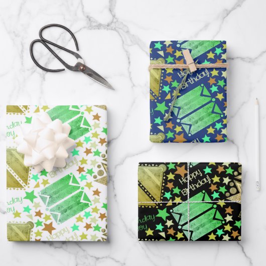 Feuille De Papier Cadeau Formes géométriques Bleu Blanc Noir (Recto)