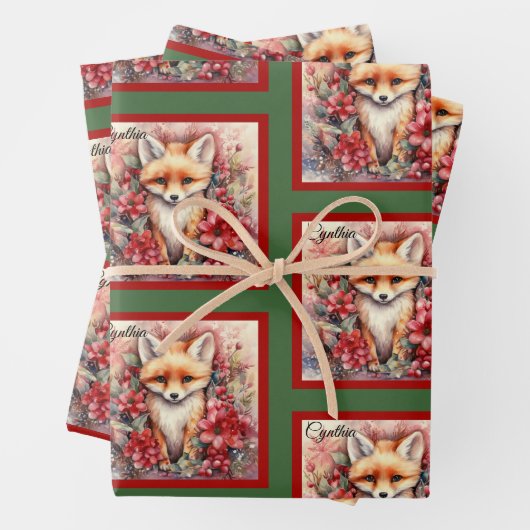 Feuille De Papier Cadeau Fox Cute Christmas Ajouter un nom Floral (En situation)