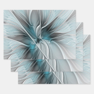 Feuille De Papier Cadeau Fractal Floral Moderne Abstrait Fleur Bleu Gris