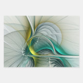 Feuille De Papier Cadeau Fractale turquoise sarcelle dorée abstraite hypnot (Devant)