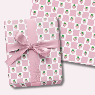 Feuille De Papier Cadeau Fraise Rose Damier Été