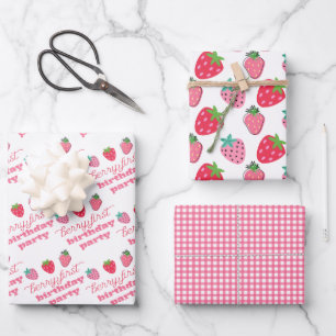 Feuille De Papier Cadeau Fraises Berry Premier anniversaire fête rose   Rou