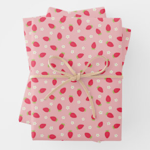 Feuille De Papier Cadeau Fraises d'été sur fond rose (petite échelle)