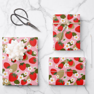 Feuille De Papier Cadeau Fraises et fleurs