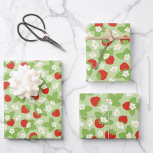 Feuille De Papier Cadeau Fraises Floral Rouge Vert Motif