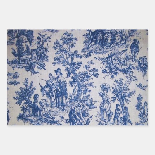 Feuille De Papier Cadeau Française toile de jouy Découpage bleu et blanc (Devant)