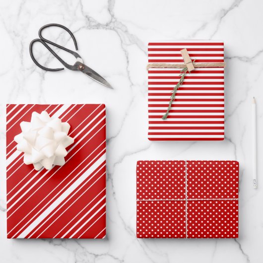 Feuille De Papier Cadeau Frappes et points diagonaux rouge-blanc Noël (Recto)