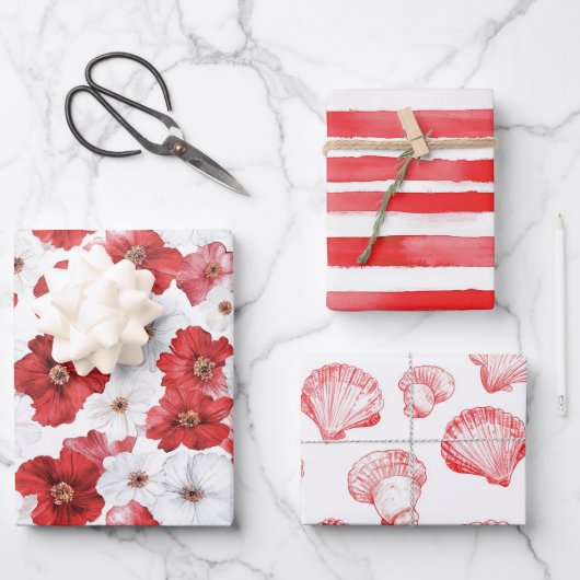 Feuille De Papier Cadeau French Riviera Red Flowers Stripes Shells (Recto)