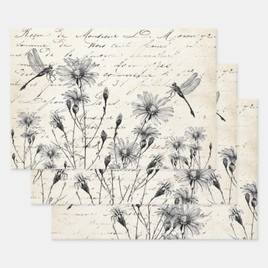 Feuille De Papier Cadeau French Script Wildflower Dragonfly Decoupage Craft (Lot)