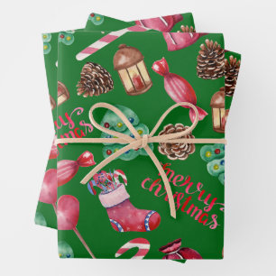 Feuille De Papier Cadeau Friandises et décorations de Noël vertes