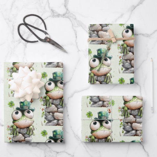 Feuille De Papier Cadeau Frog with Green Hat and Shamrock Cute Pattern (Recto)
