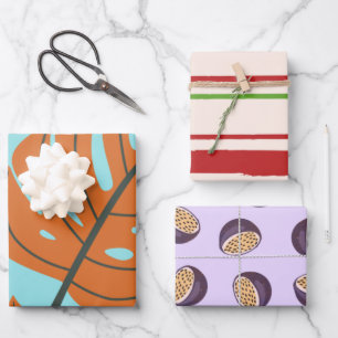Feuille De Papier Cadeau Fruits de passion violet l Botanique et rayures mi