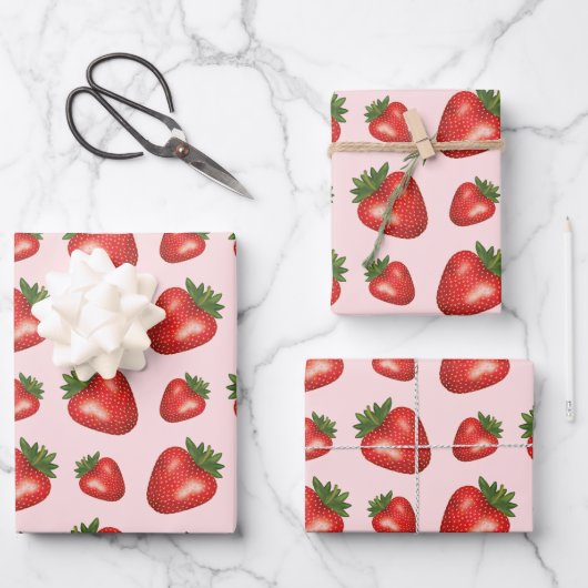 Feuille De Papier Cadeau Fruits D'Été De Fraise Motif Sur Rose (Recto)