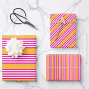 Feuille De Papier Cadeau Fuchsia et jaune cinq bandes motif