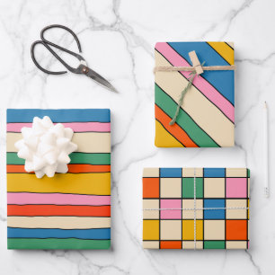 Feuille De Papier Cadeau Fun et Colorful Stripes et Chèques Motif