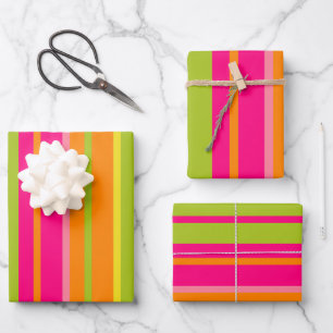 Feuille De Papier Cadeau Fun Hot Pink, Rose, orange, vert citron et jaune
