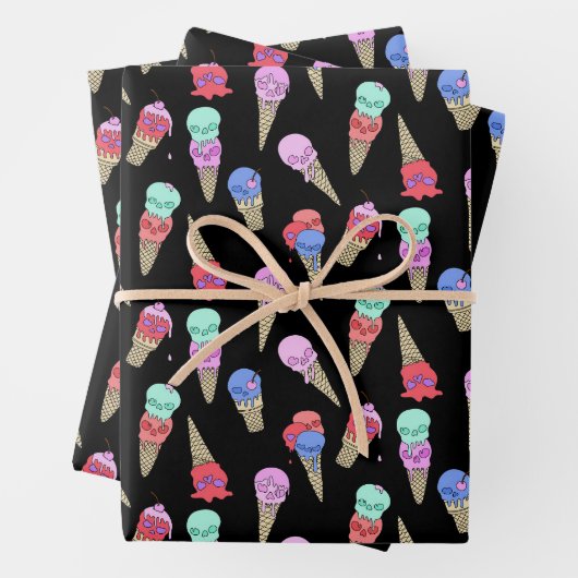 Feuille De Papier Cadeau Fun Melty Summer Goth Crâne glace crème pastel noi (En situation)