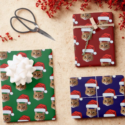 Feuille De Papier Cadeau Funky Custom Face Chat Photo Santa Hat Noël
