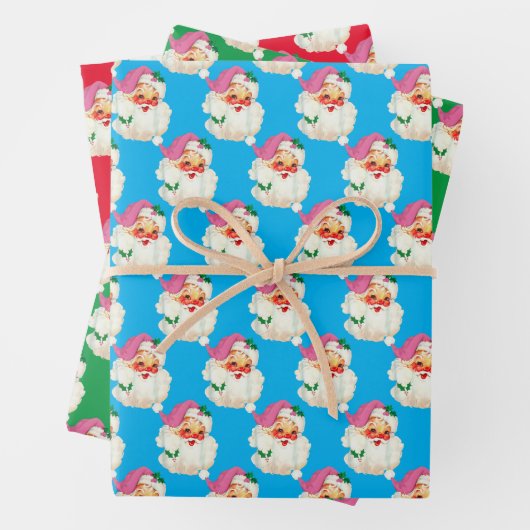 Feuille De Papier Cadeau Funny Retro Bleu Rouge Père Noël Face Noël (En situation)